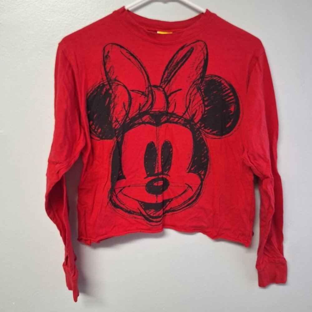Disney‎ Cropped Shirt Minnie Mouse Red Black Womens Small Rolled Raw Hem